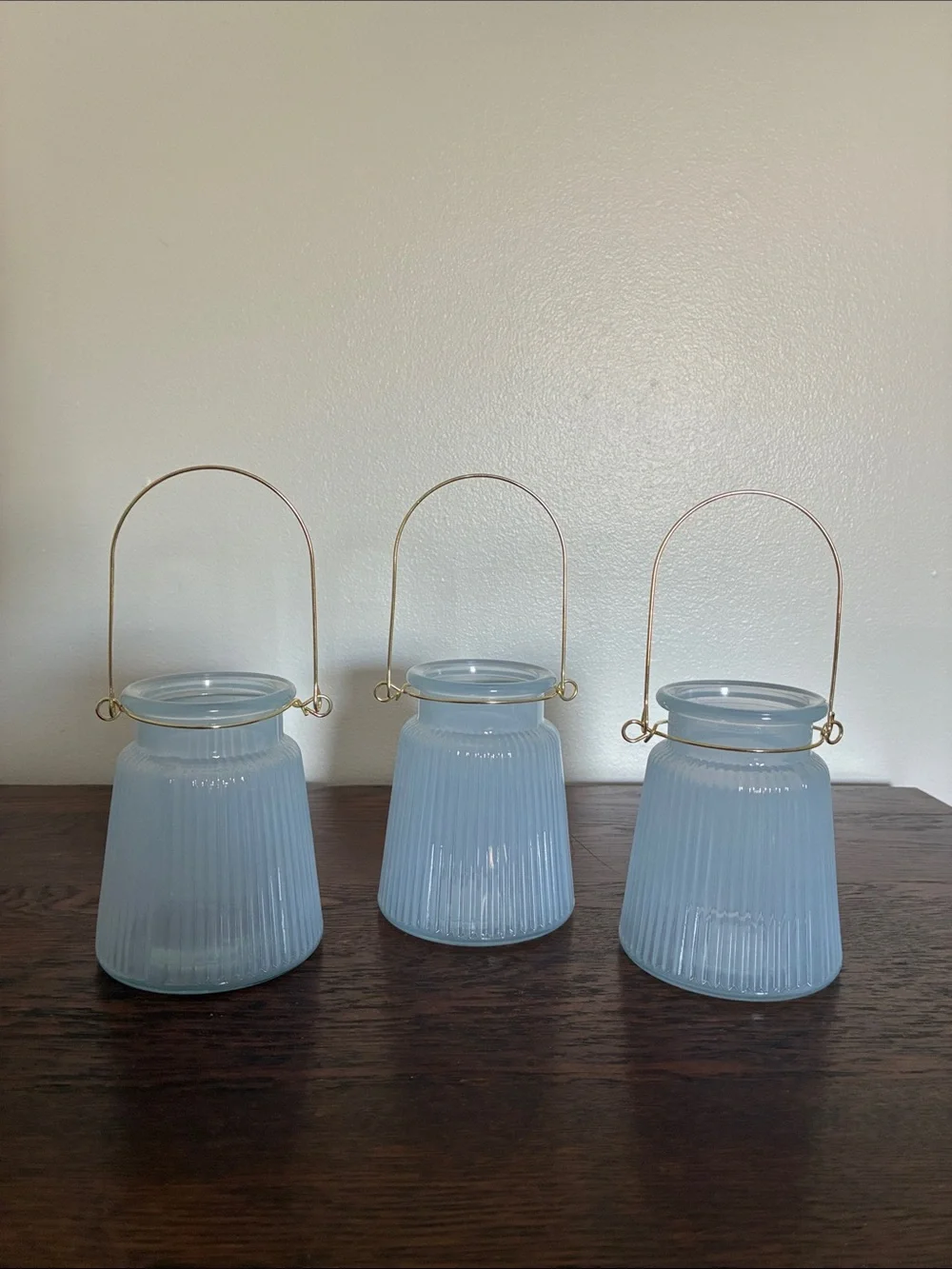 NWT- Set of 3- Light Blue Ribbed Glass Candle Holder Lanterns with Gold Handles